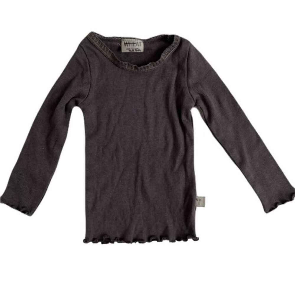 Wheat Gray Long Sleeve Ribbed Tee with Scoop Lace Neck and Ruffled Edge